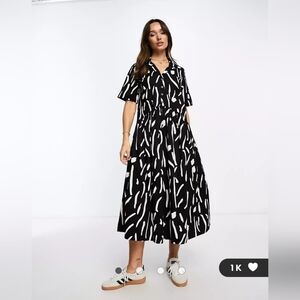 ASOS DESIGN twill collared button midi smock dress in mono blur print